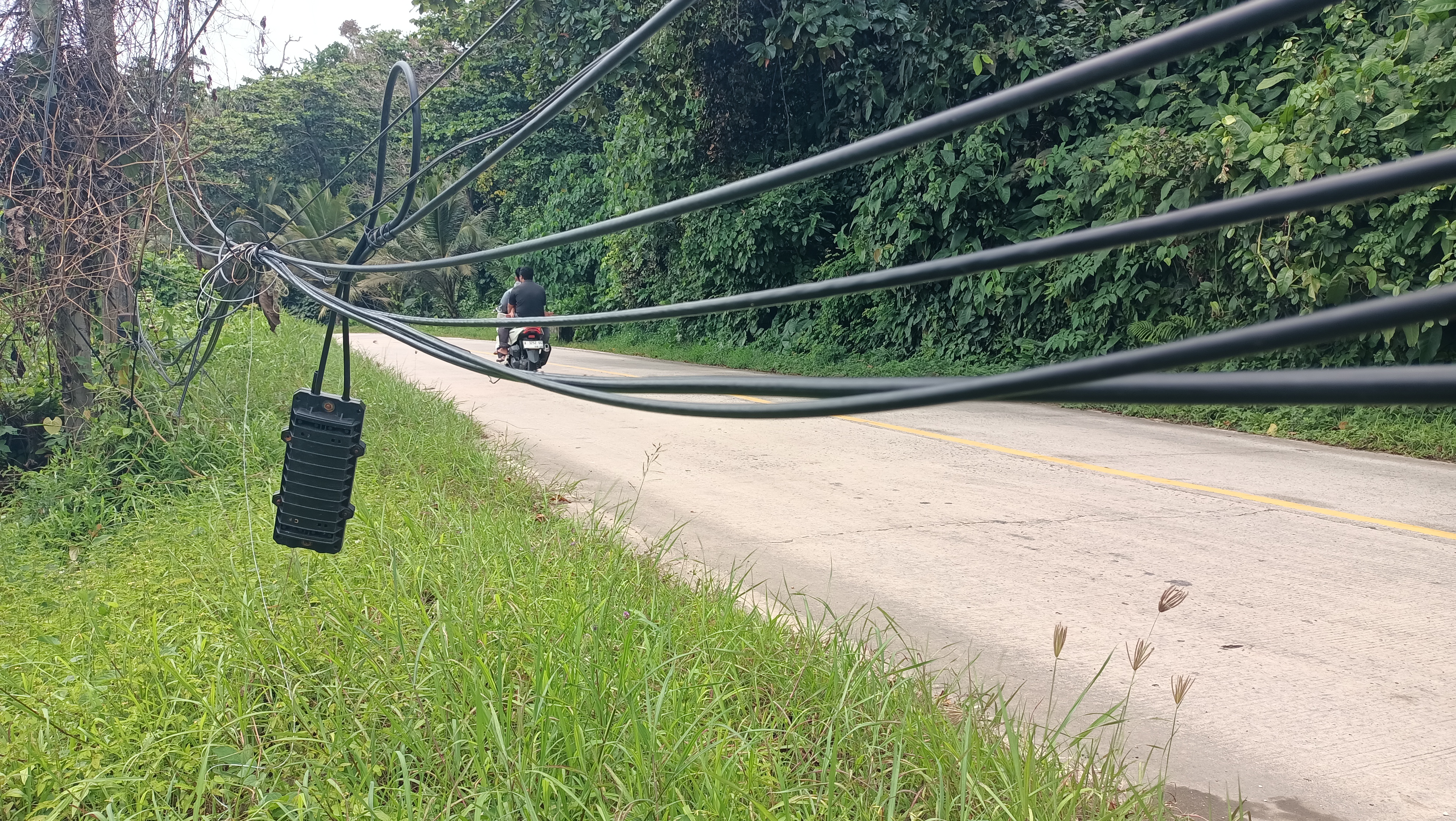 Kondisi Kabel Fiber Optik di Ruas Jalan Simpang - Bayah, Tepatnya di Sekitar Cibobos, Desa Karang Kamulyan, Kecamatan Cihara, Kabupaten Lebak, Banten.