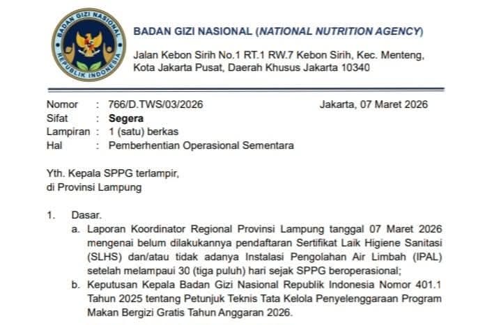 Tangkap layar surat penghentian operasional SPPG